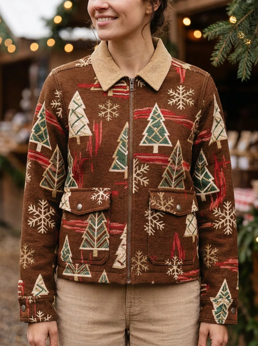 Winter Christmas Holiday Tree Snowflake Pattern Print Jacket