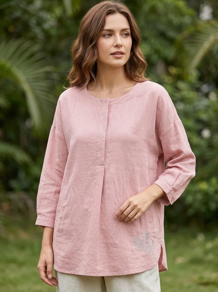 Women's Casual Leaf Embroidered Pink Cotton And Linen Blend Top