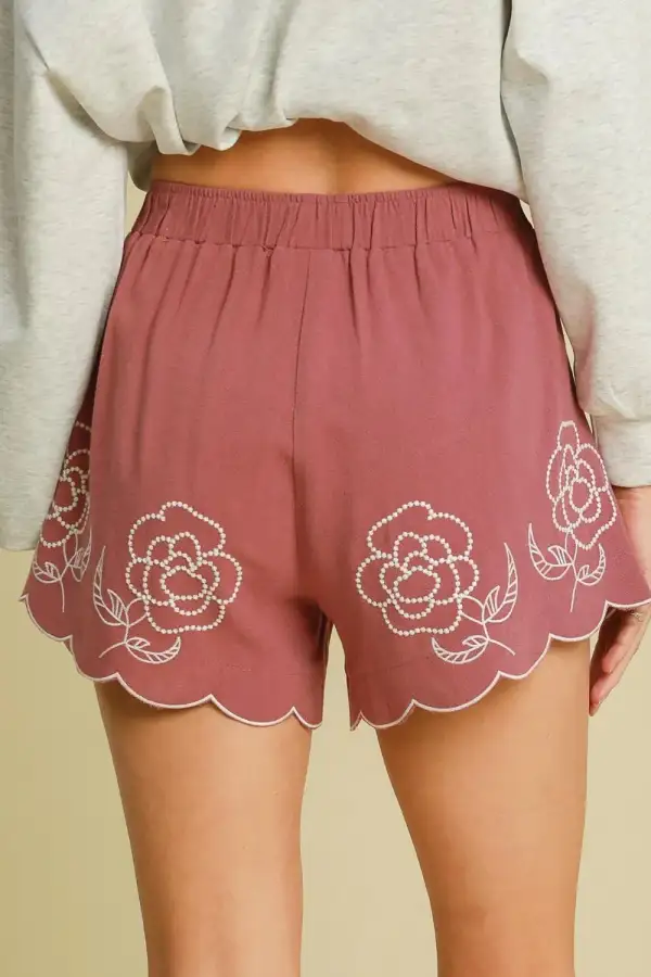Linen Blend Shorts With Floral Embroidered Details