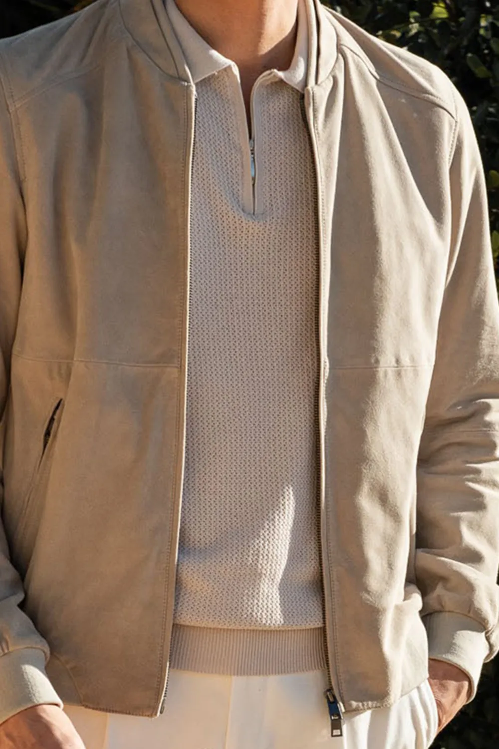 Stone Soft Suede Bomber Jacket
