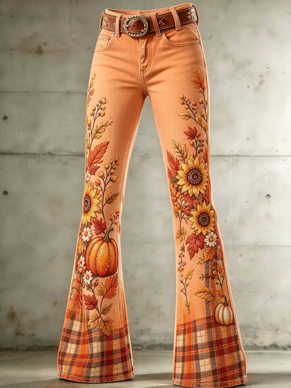 Women Sunflower Pumpkin Fall Floral Print Flare Jeans