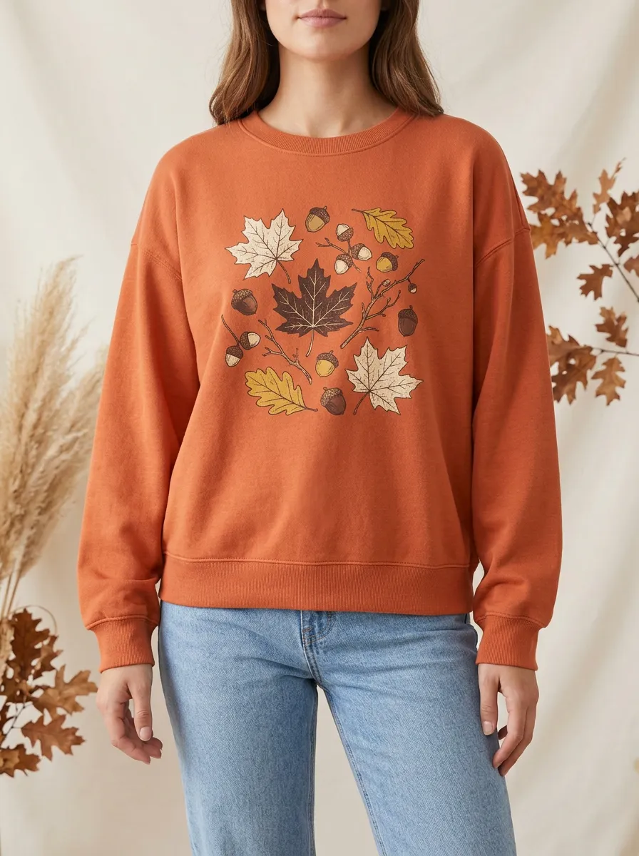 Transitional Maple-Leaf Printed Acorn Graphic Sweatshirt