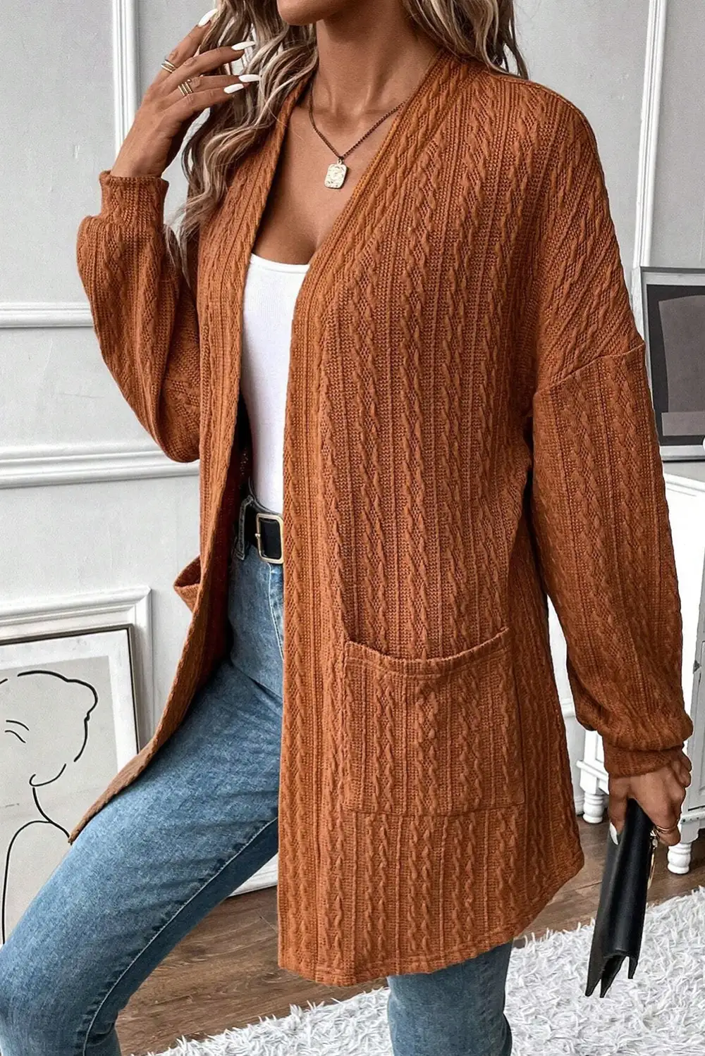Textured Pocketed Open Front Cardigan