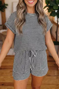 Drawstring Pocketed Knit Striped Tee and Shorts Matching Set