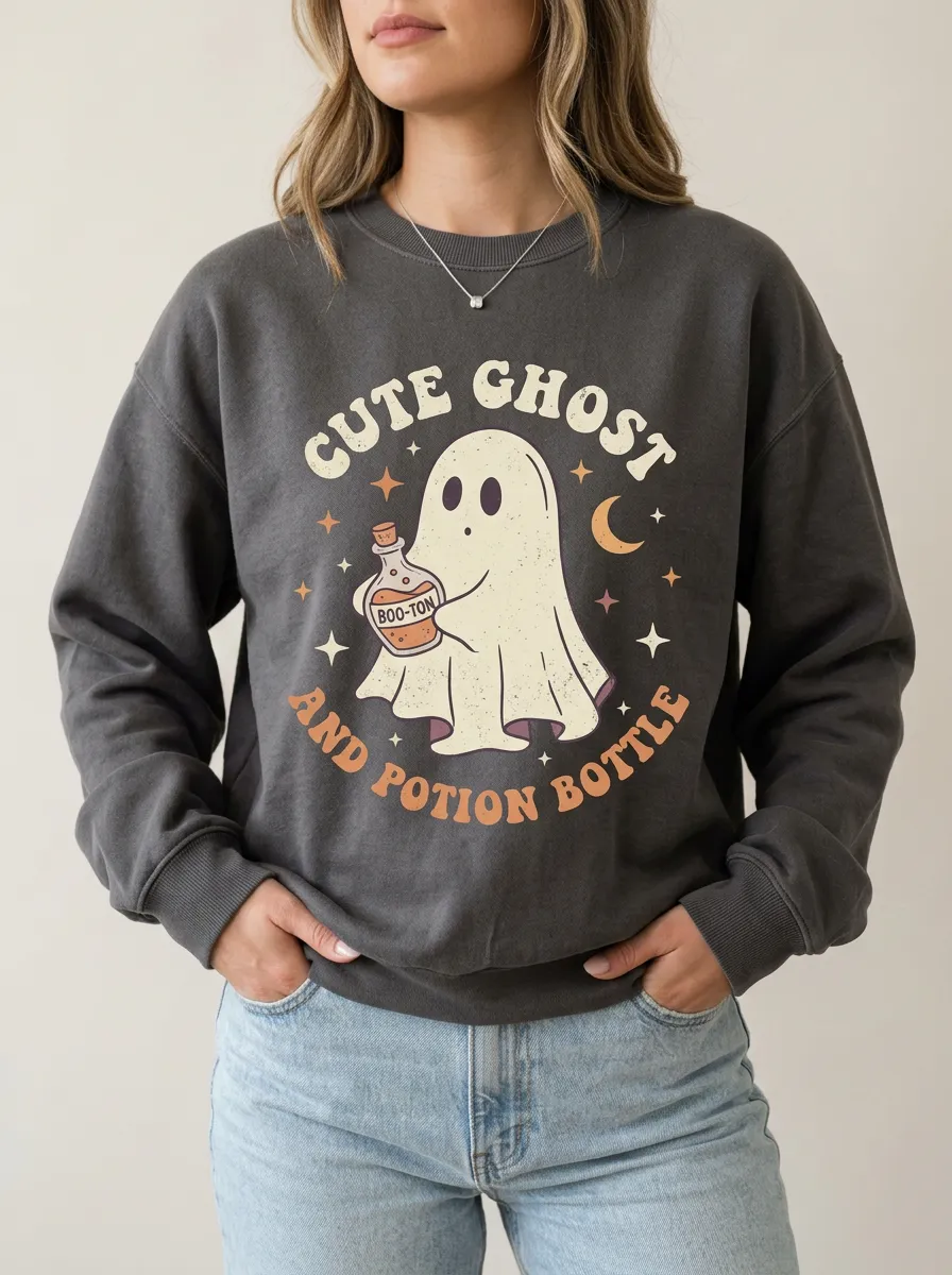 Women's Halloween Ghost Potion Bottle Printed Sweatshirt