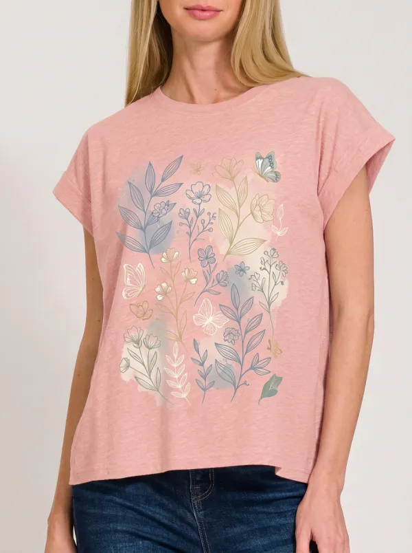 Women's Botanical Butterfly Floral Printed T-shirt