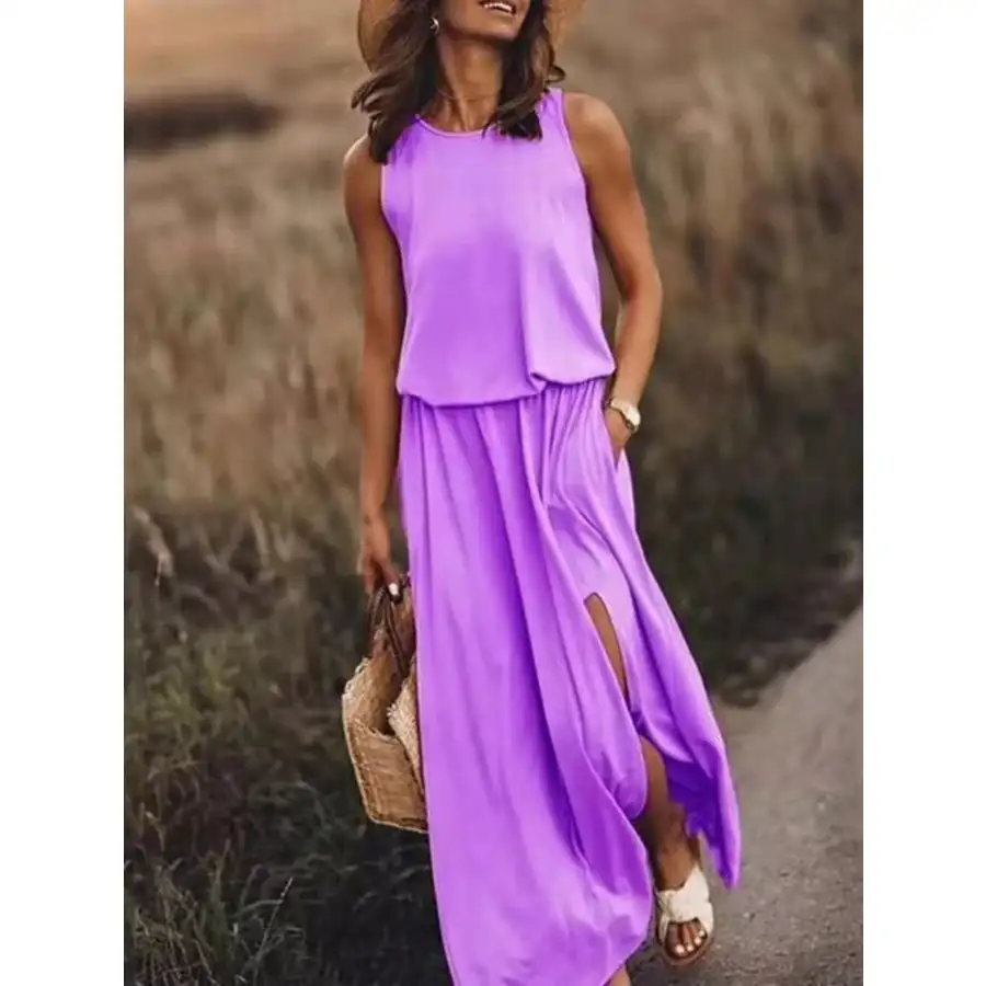 Full Size Round Neck Sleeveless Slit Maxi Dress Plus Size