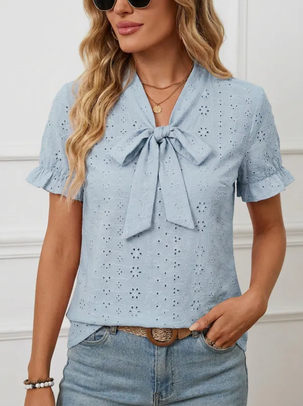 Women's Pink Bow Tie Eyelet Embroidered Short Sleeve Top
