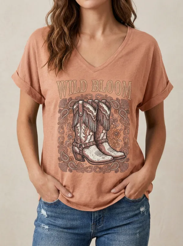 Women's Western Cowboy Boot Wild Bloom Printed V-neck T-shirt