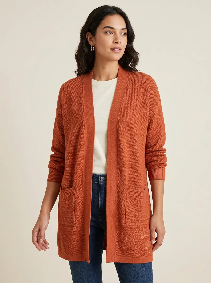 Maple-Leaf Embroidered Leaf-Motif Knit Cardigan