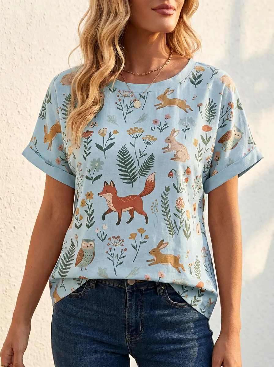 Fox Rabbit Owl Women's Loose Printed T-Shirt