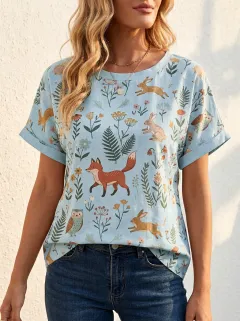 Fox Rabbit Owl Women's Loose Printed T-Shirt