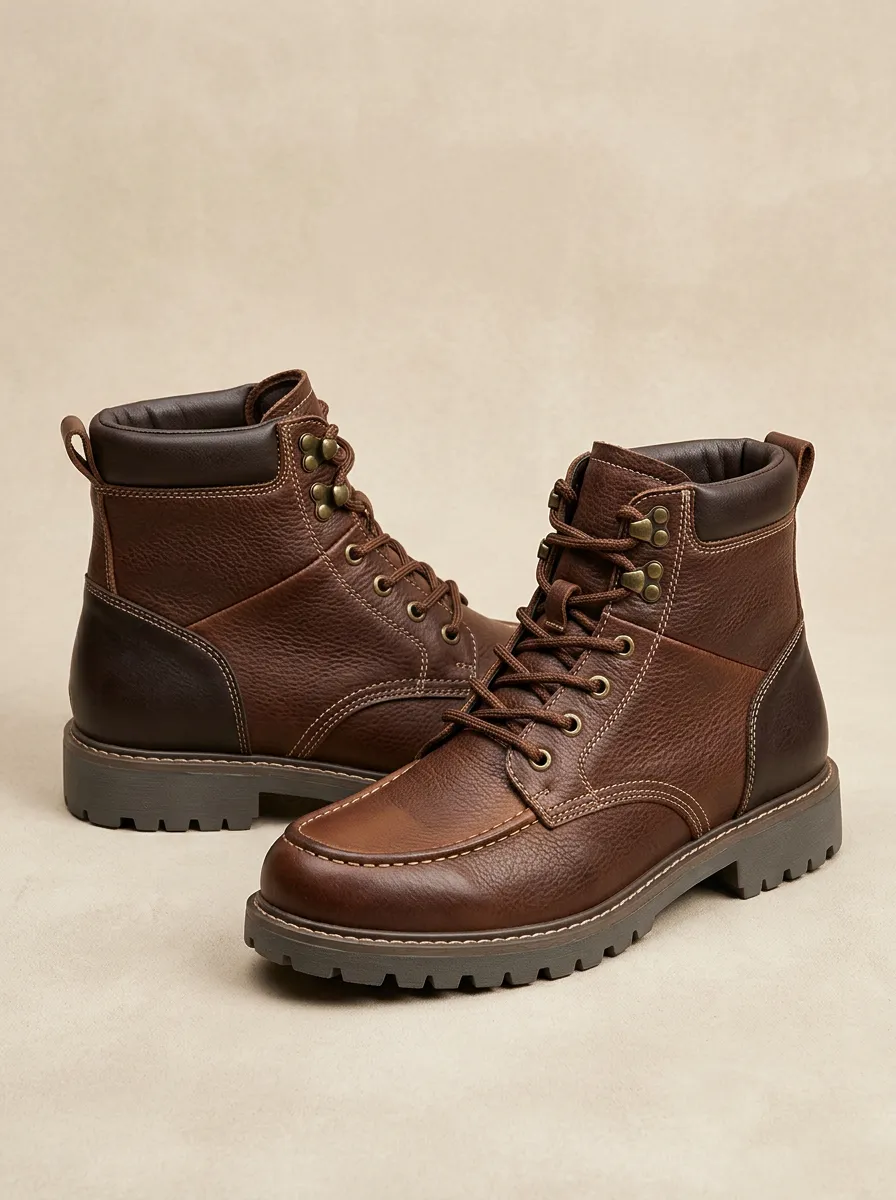 Unisex Leather Lace-Up Stitched Work Boots