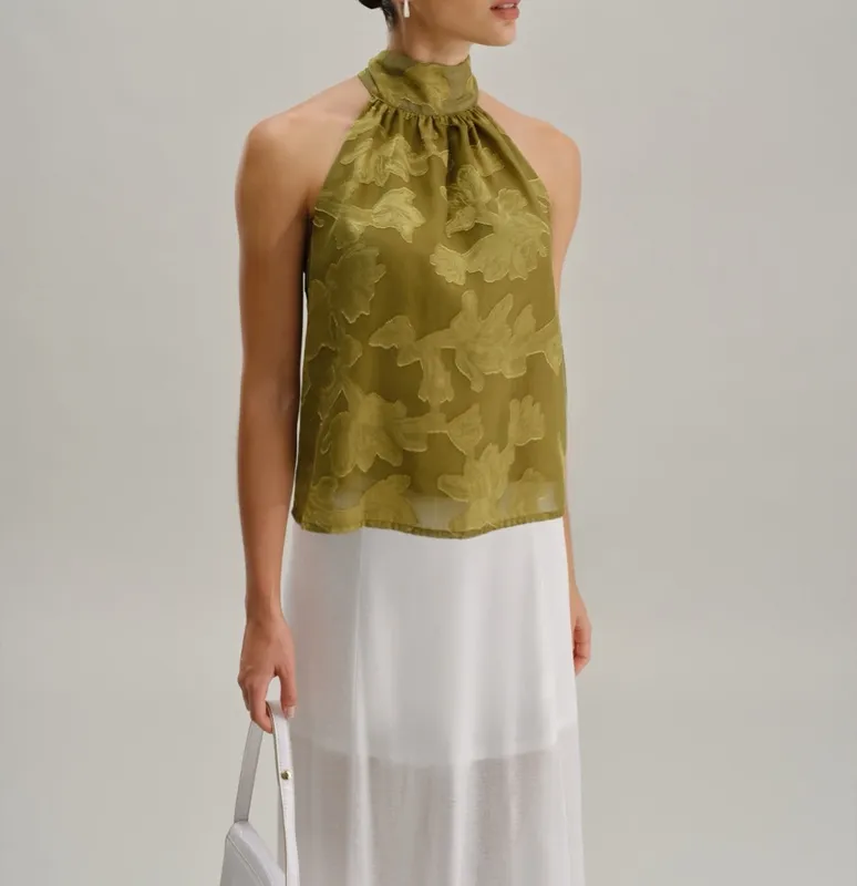 Green Floral Turtle Neck Tank Top