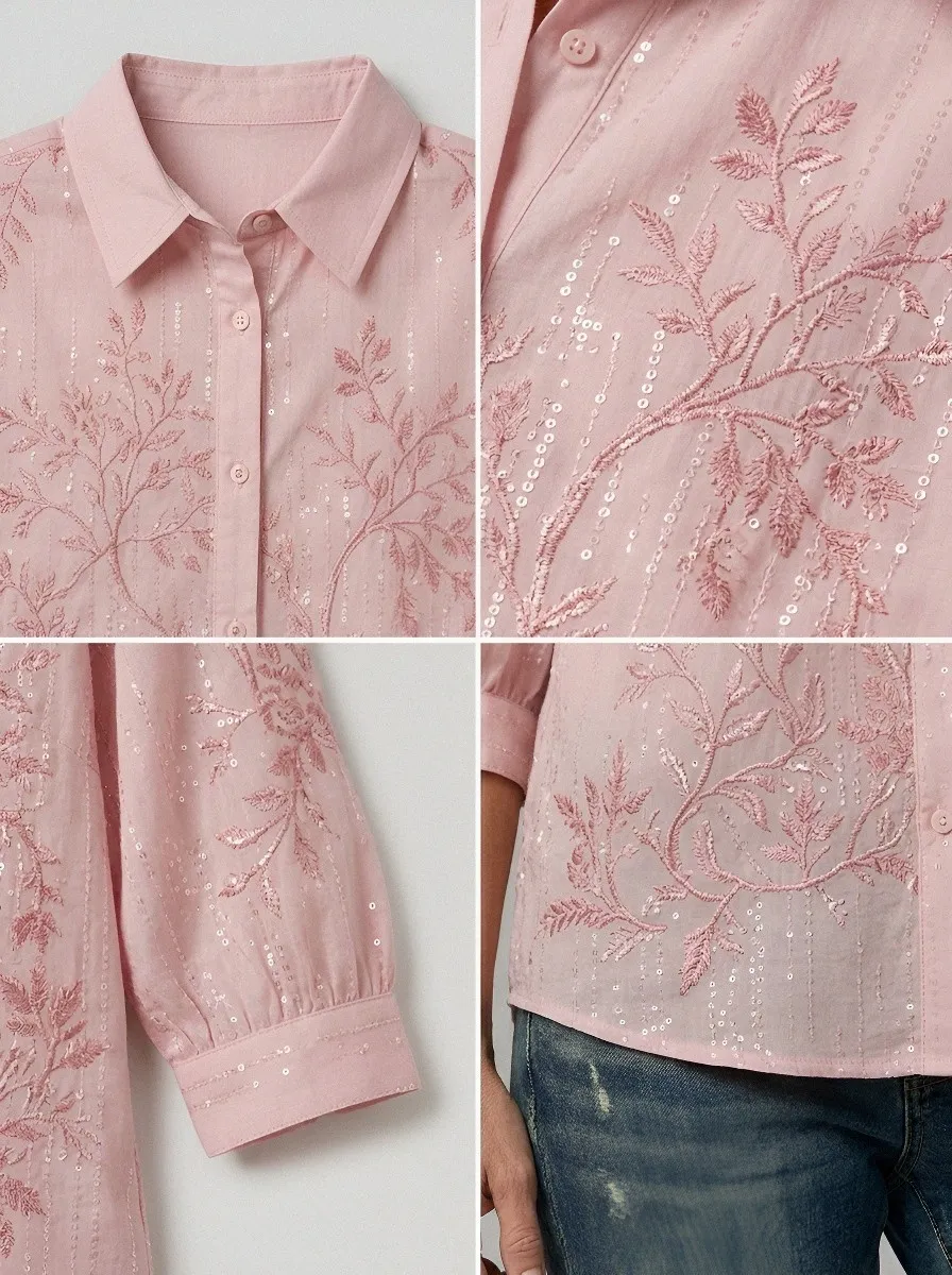 Women's Breast Cancer Awareness Pink Floral Embroidered Button-Down Shirt