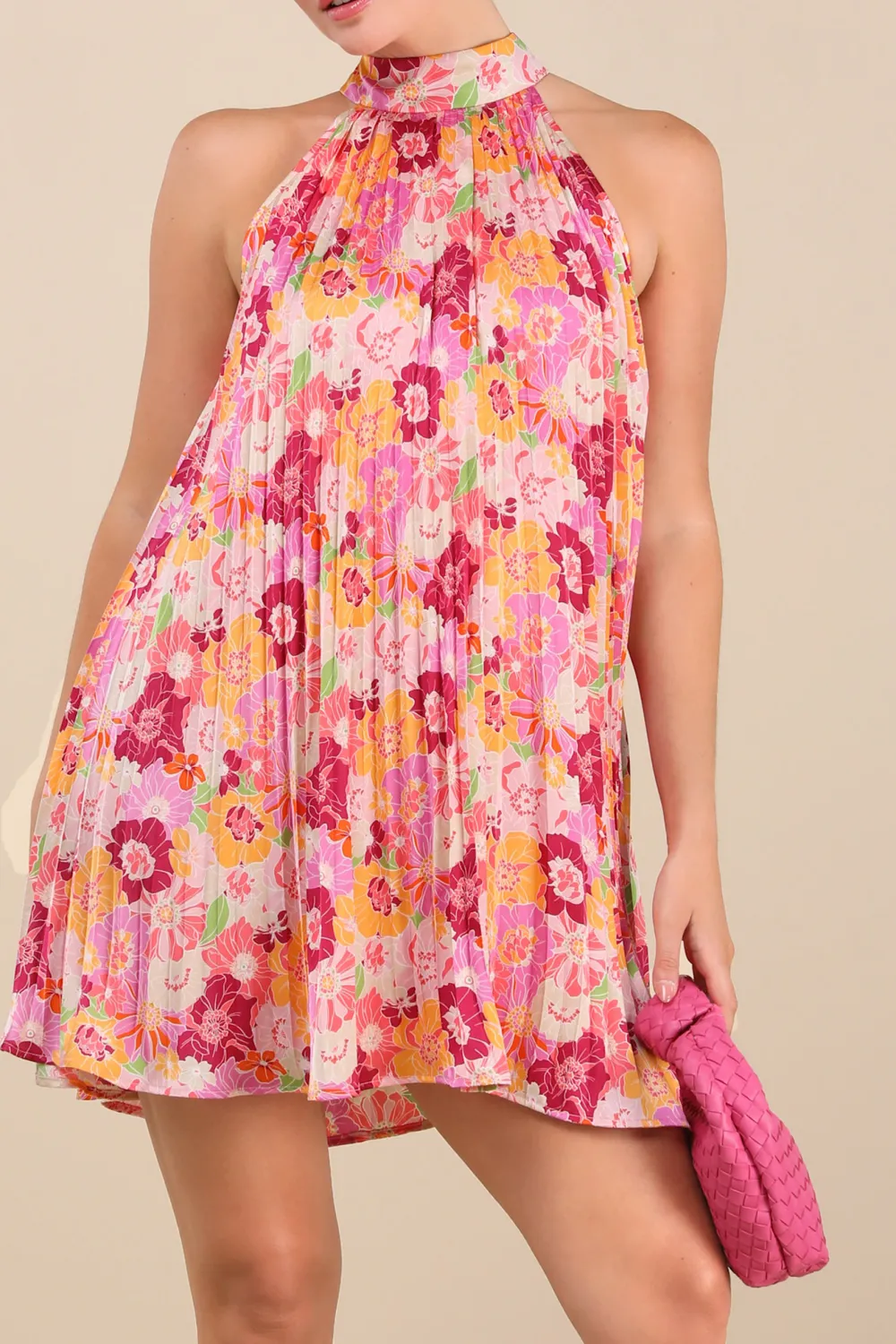Pink Multi Floral Pleated Shift Mini Dress