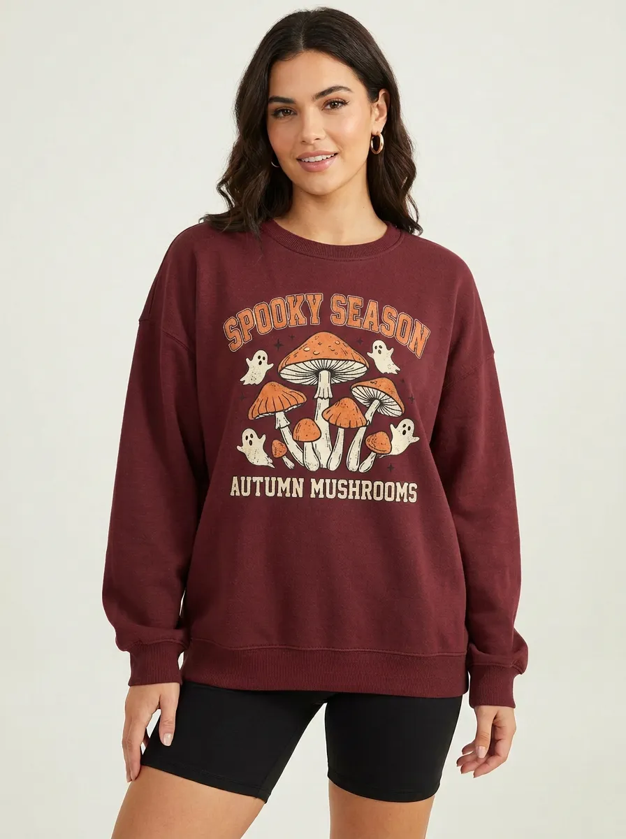 Women's Halloween Spooky Night  Ghost Mushroom Printed Sweatshirt