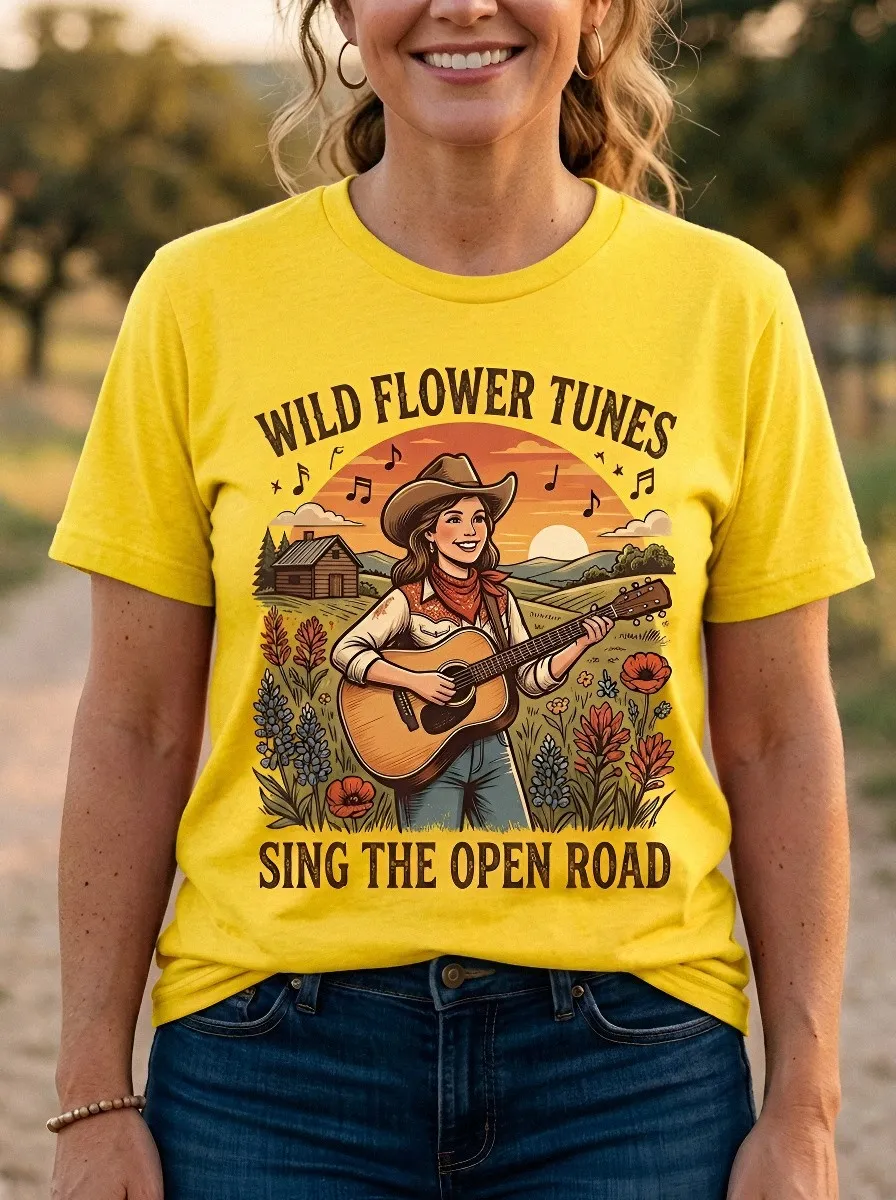 Country Music Cowgirl Guitar Crew Neck T-Shirt