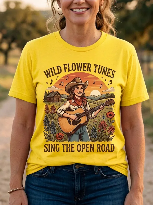 Country Music Cowgirl Guitar Crew Neck T-Shirt