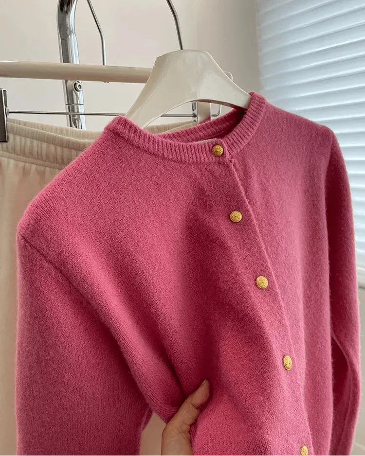 Classic Wool Button-Front Round-Neck Cardigan