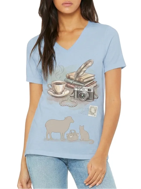 Women's Vintage Hobby Lover Books Camera Sheep Cat Printed V-neck T-shirt