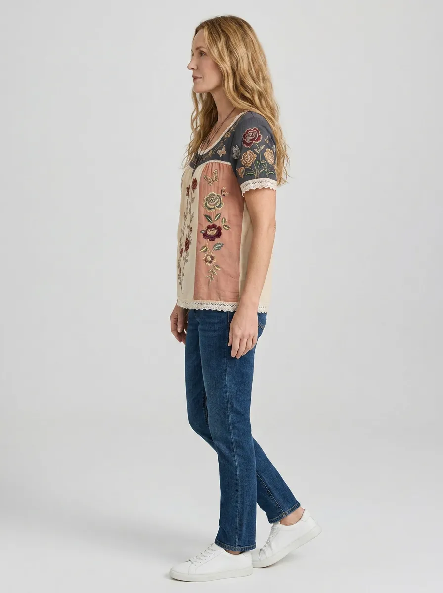 Women's Floral Butterfly Bohemian Embroidered Short Sleeve T-shirt