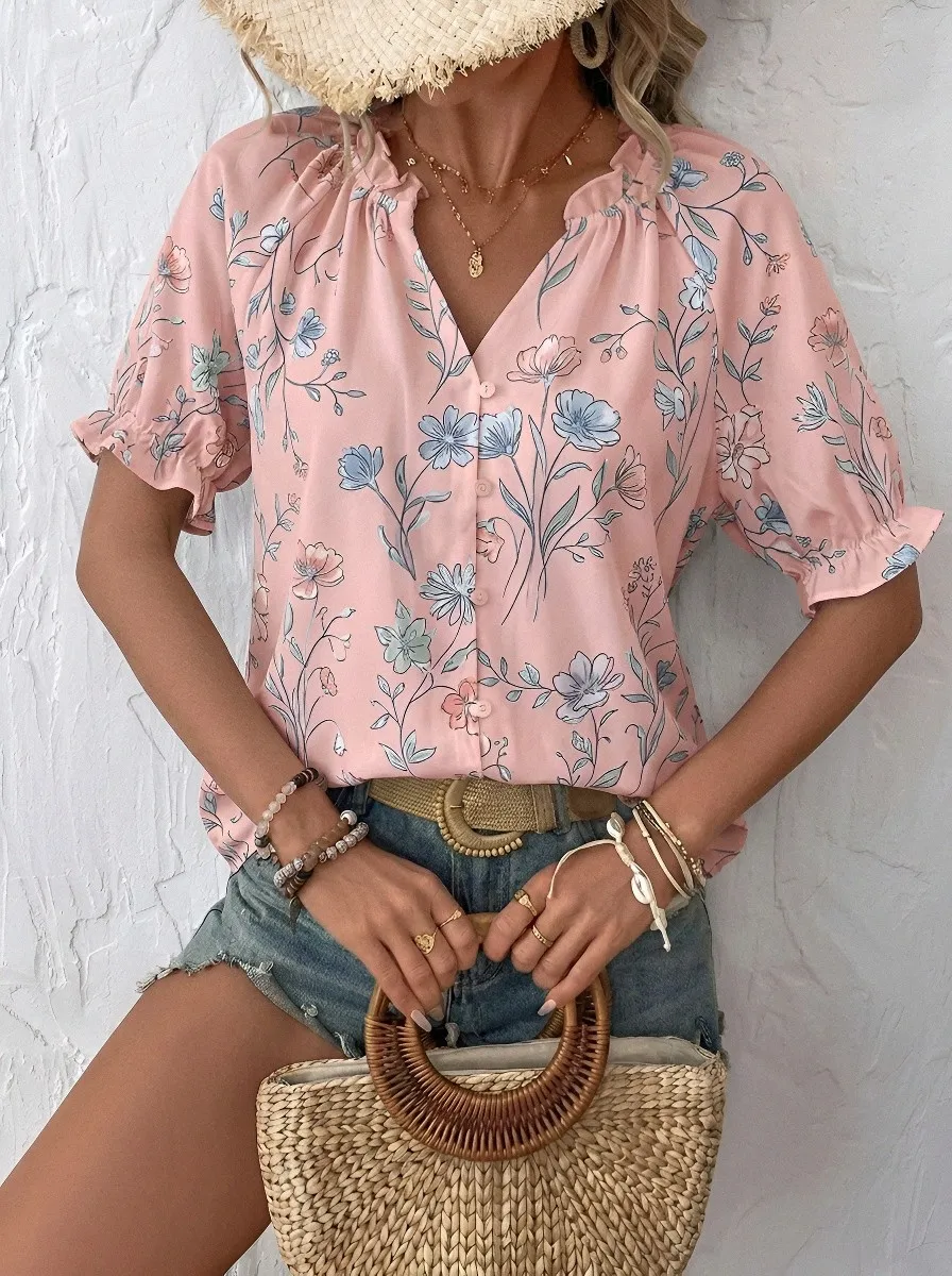 Women's Floral Botanical Print V-Neck Ruffle Sleeve Printed Blouse