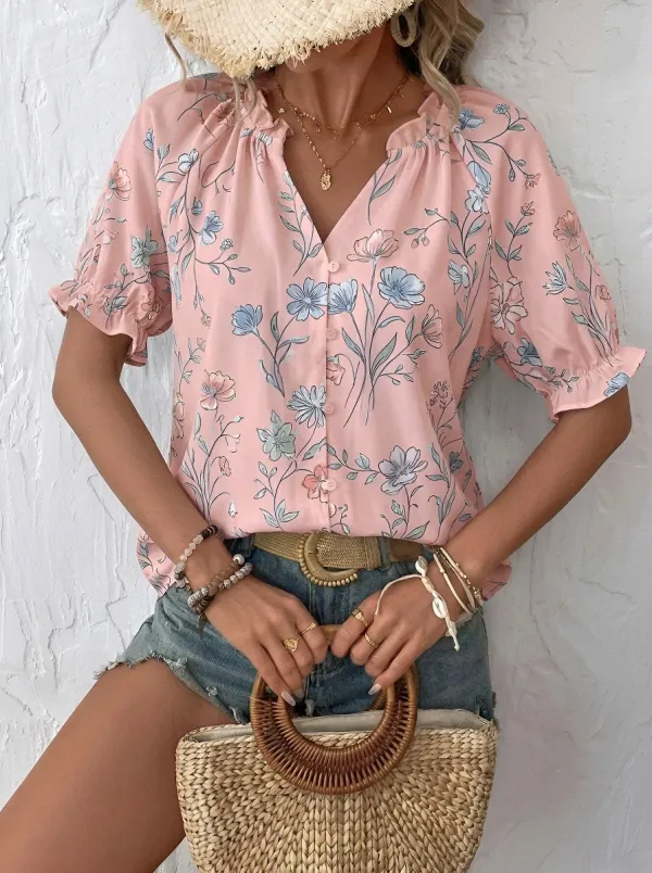 Women's Floral Botanical Print V-Neck Ruffle Sleeve Printed Blouse
