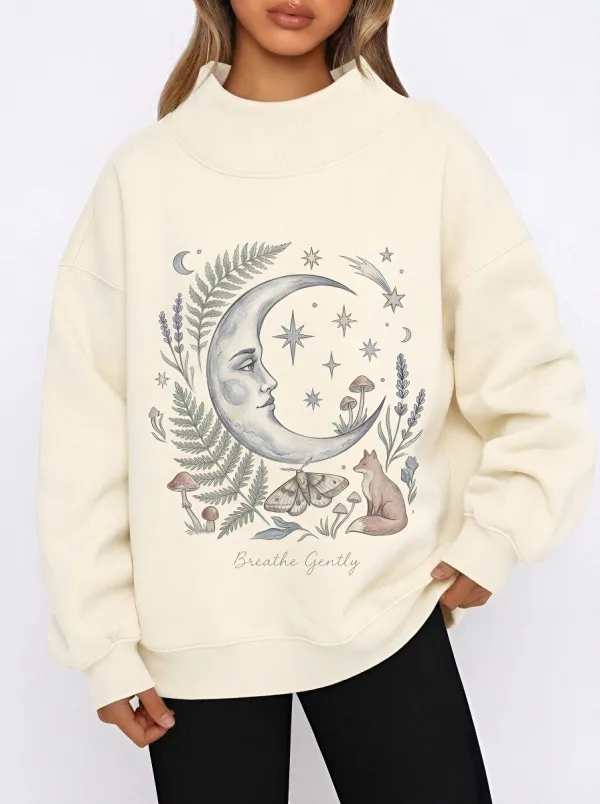 Women's Celestial Nature Lover Moon Fox Mushroom Printed Sweatshirt