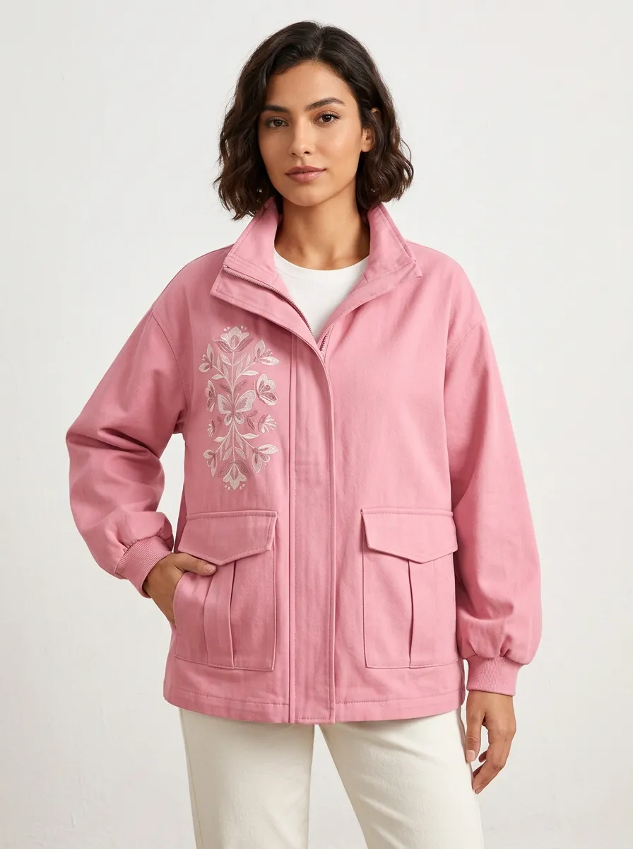 Women's Floral Pattern Pink Embroidered Printed Jacket