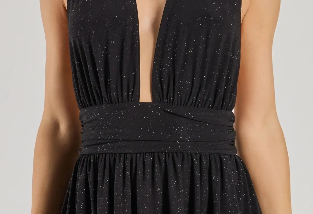 Black Glitter Knit Halter Plunging Mini dress