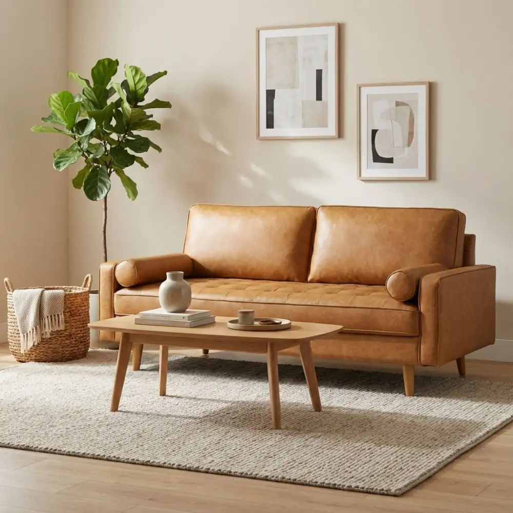 Tufted PU Leather Wooden Leg Sofa