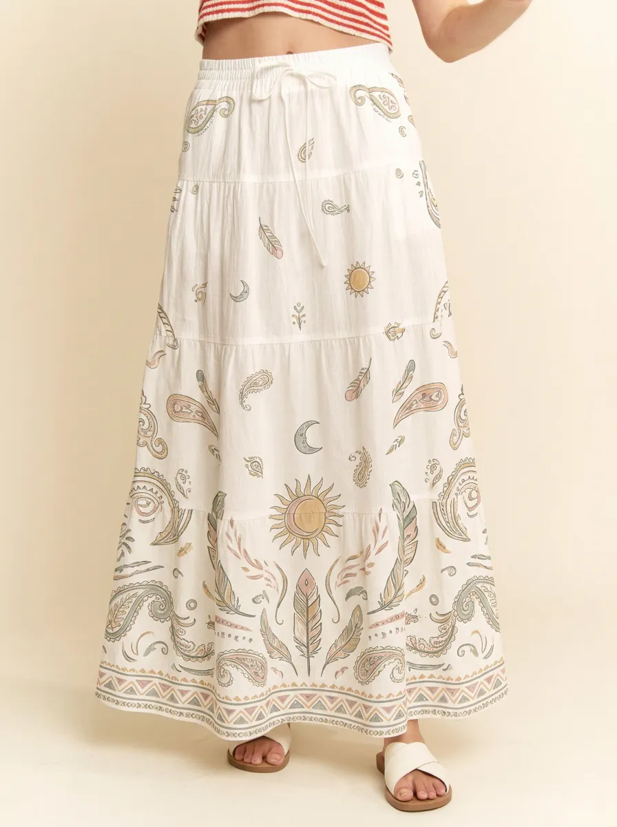 Women's Boho Celestial Sun Moon Feather Paisley Printed Maxi Skirt