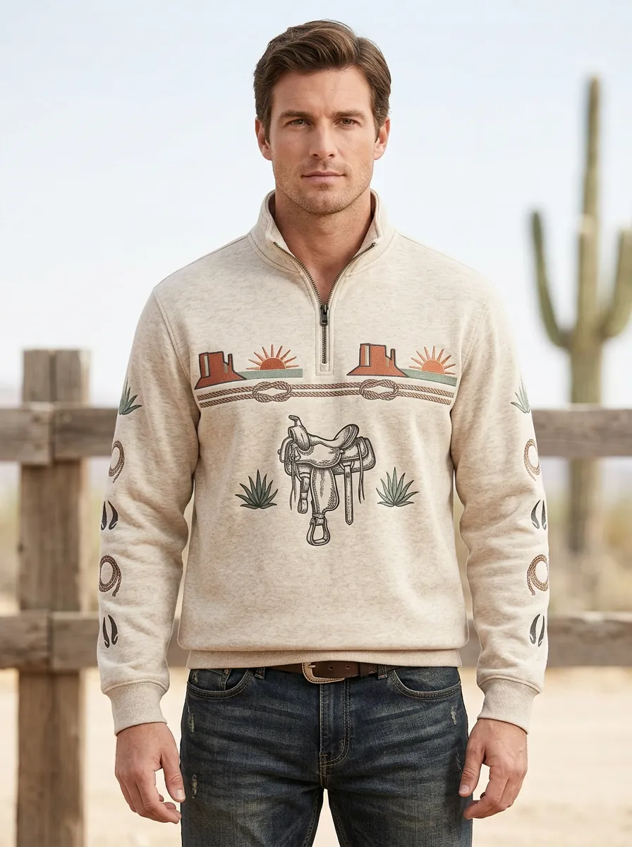 Men's Western Cowboy Saddle Desert Half-Zip Sweatshirt