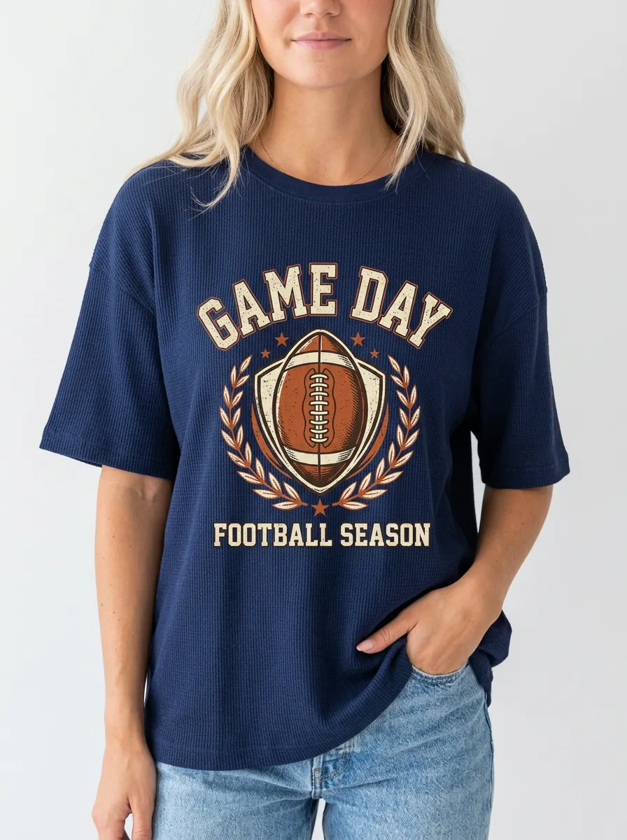 Women's Football Lover Game Day Wreath Printed Waffle T-Shirt