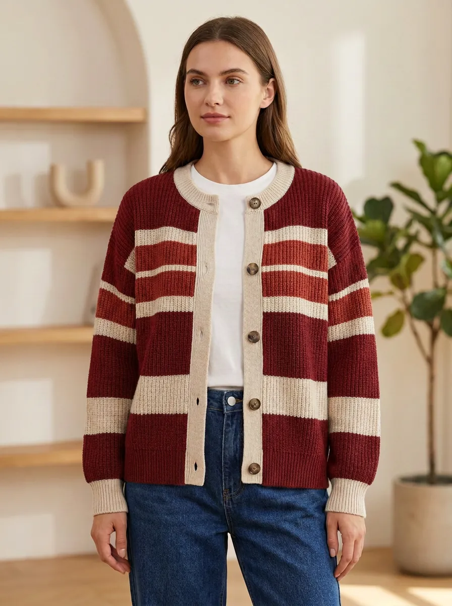 Weekend Rugby Striped Button Front Knit Cardigan