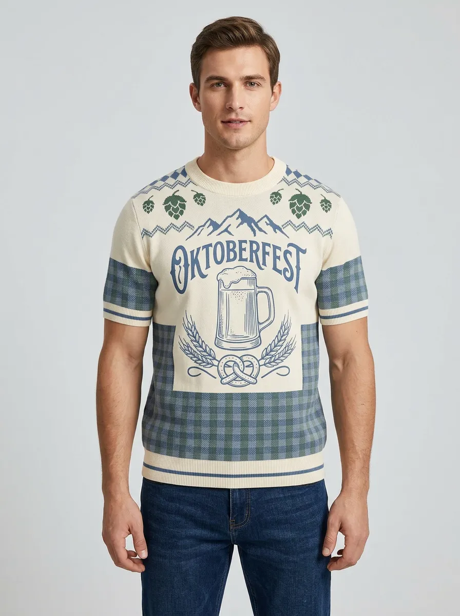 Men's Oktoberfest Beer Pretzel Mountain Pattern Printed Knit T-shirt