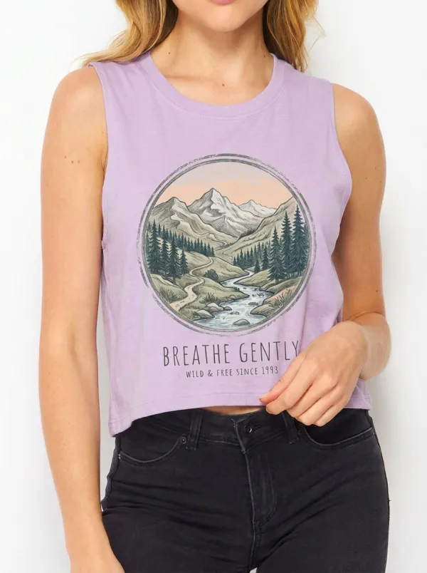 Women's Nature Lover Mountain Forest Breathe Gently Printed Crop Tank Top