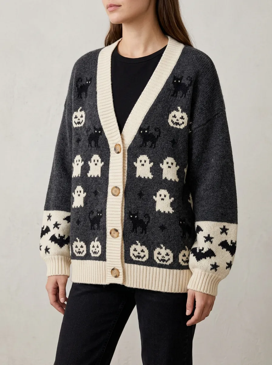 Women's Halloween Ghost Pumpkin Cat Bat Pattern Knitted Cardigan