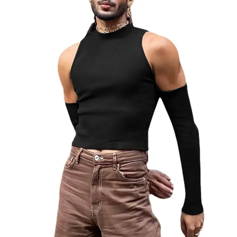 Unisex Short Ribbed Top With Removable Arm Cuffs And Shoulder-free Inserts