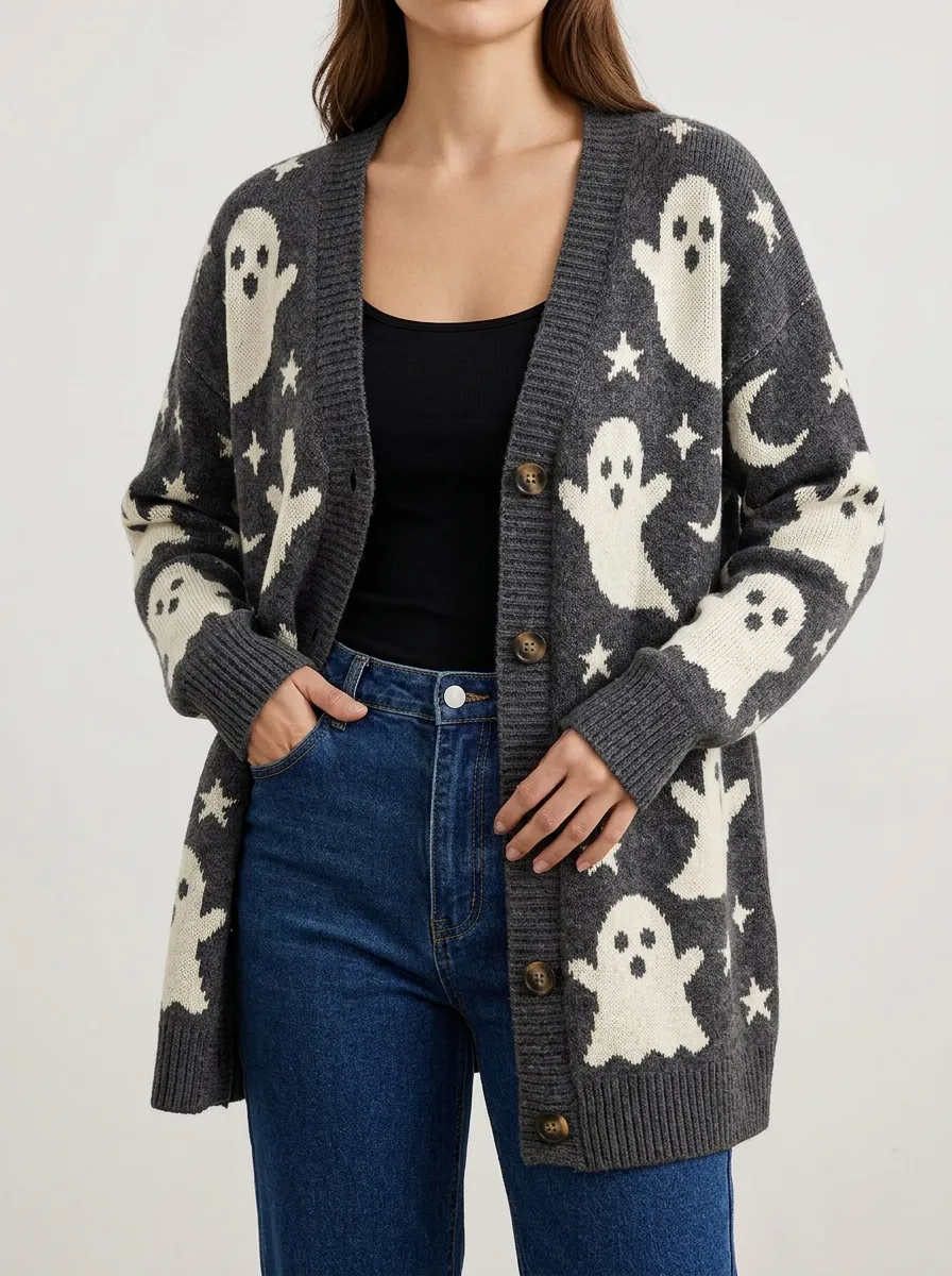 Women's Halloween Ghost Moon Star Pattern Knitted Cardigan