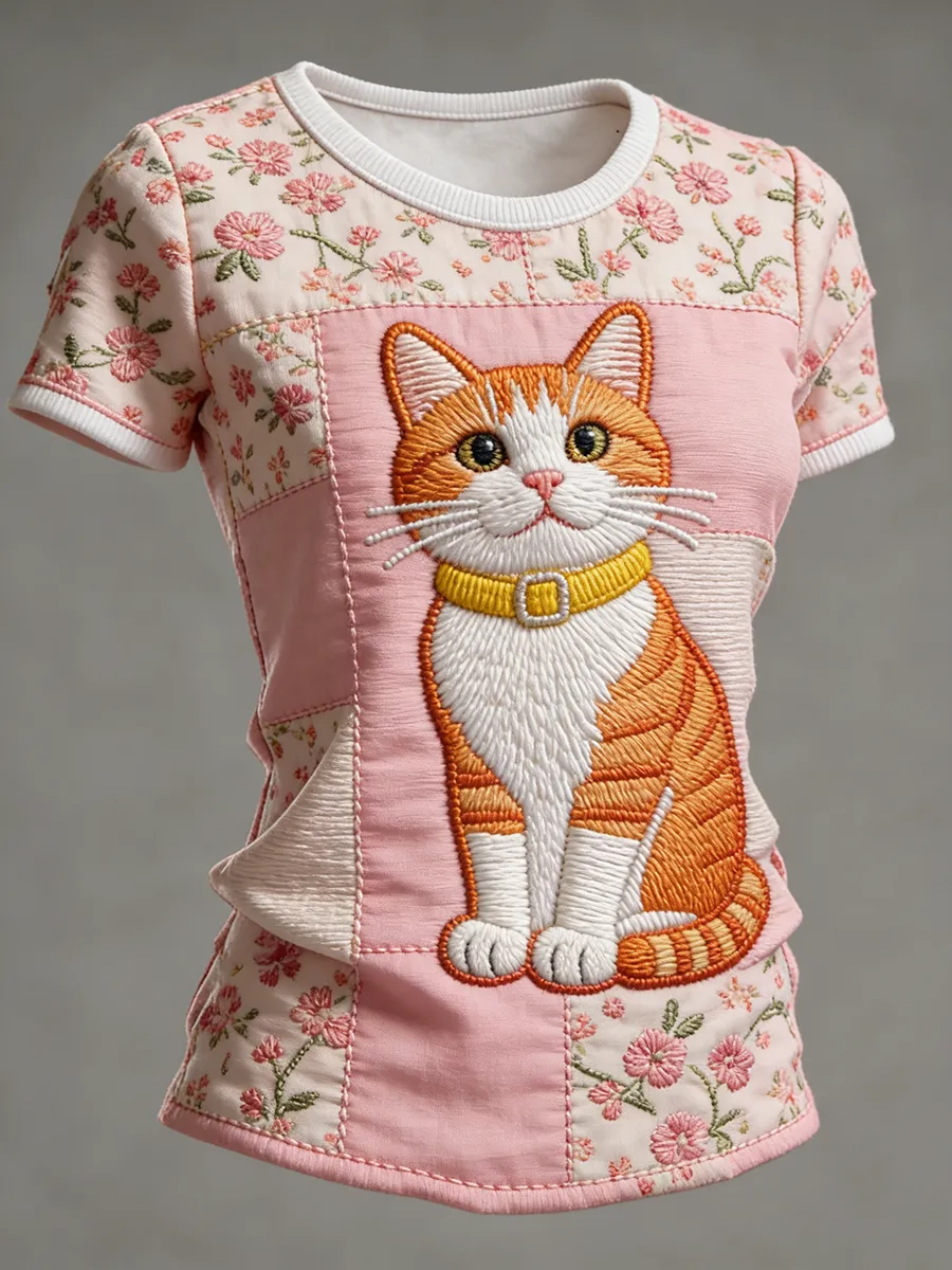 Pink Patchwork Orange Tabby Cat Embroidered T-Shirt