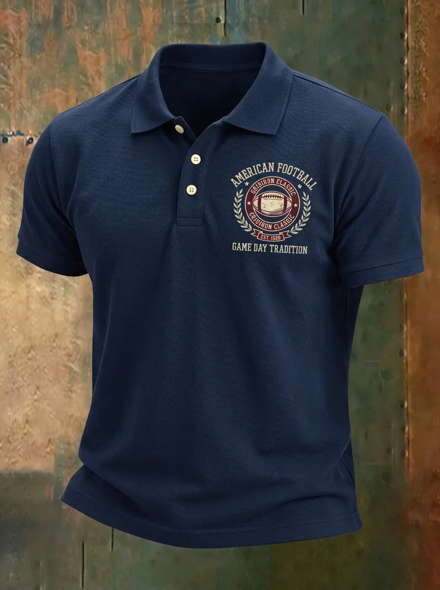 Men's American Football Game Day Emblem Printed Polo Shirt