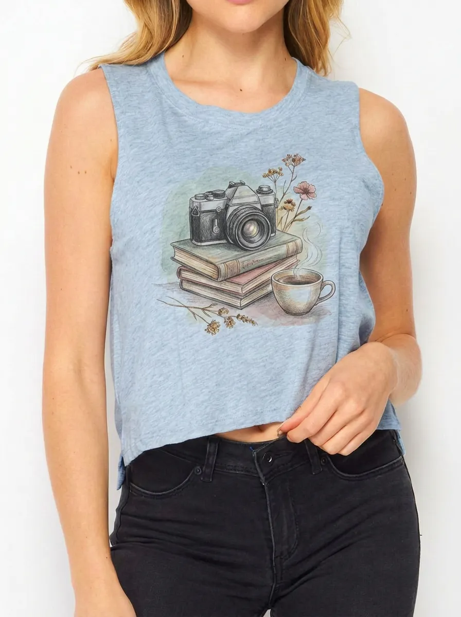 Women's Photography Book Coffee Lover Printed Crop Tank Top