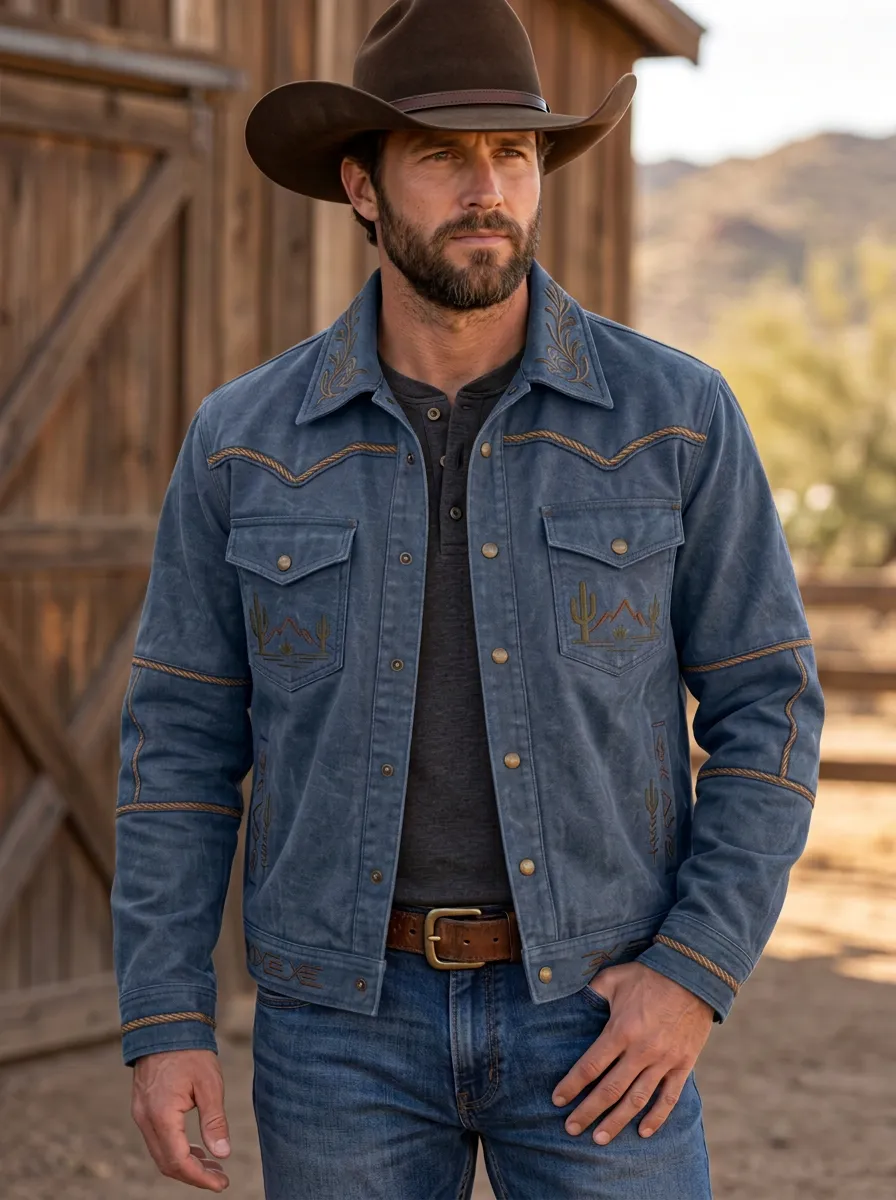 Desert Range Cactus Desert Embroidered Motif Men's Western Jacket