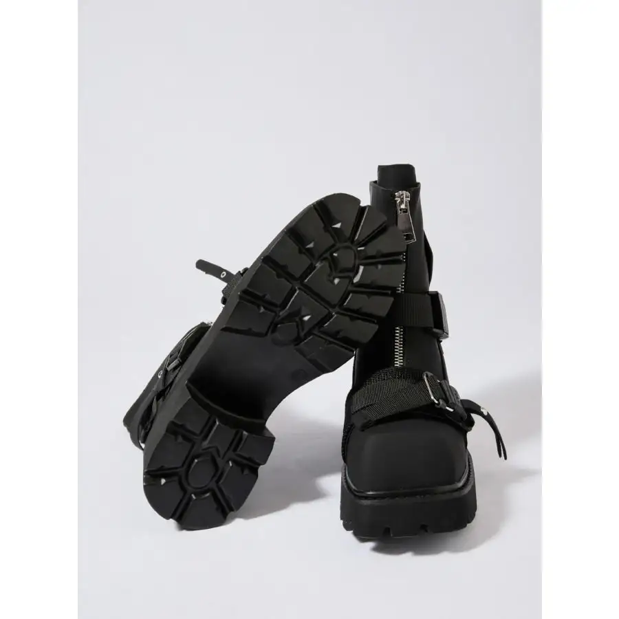 Chunky Platform Boots with Buckle Straps and Front Zip