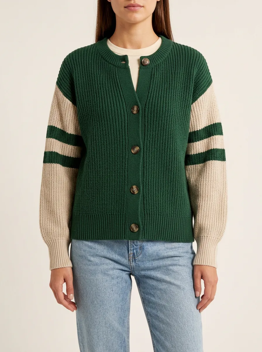Rugby Striped Sleeve Knit Cardigan