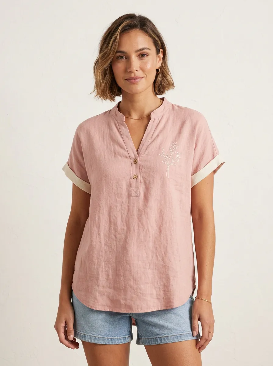Women's Pink Botanical Leaf Line Art Printed Cotton And Linen Blend Top