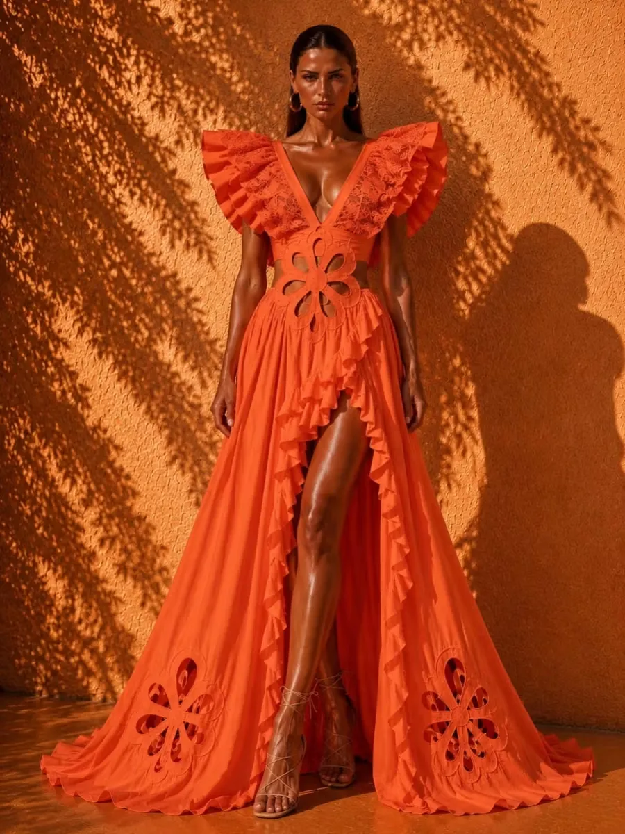 Zariah Orange Ruffled Cutout Maxi Dress