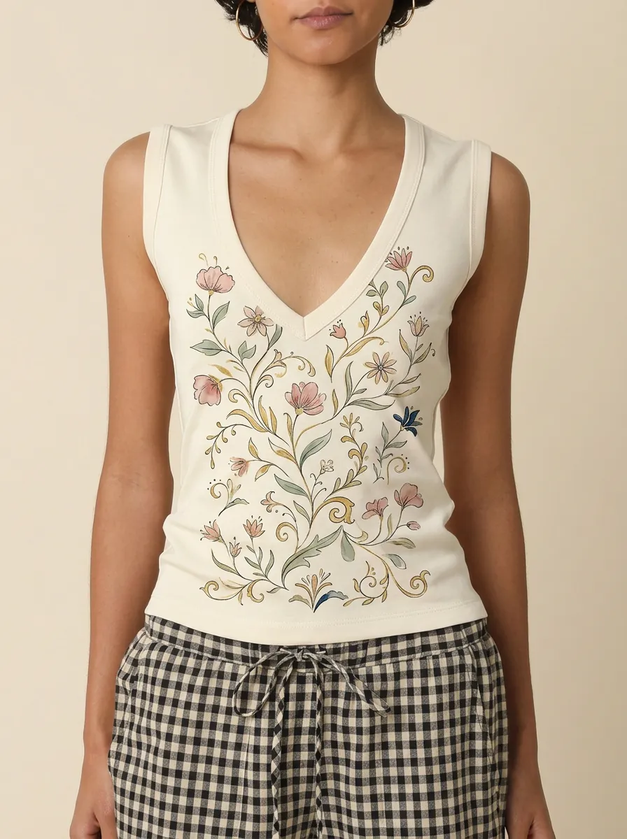 Women's Floral Lover Botanical Vine Printed V-neck Tank Top